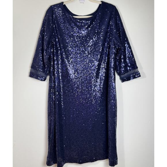 LANE BRYANT Women’s 16 Navy Blue Sequin Party Dress 3/4 Sleeve Cocktail Holiday - Picture 2 of 10